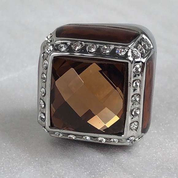 Smoky Quartz Ring Men's Size 8 Square Simulated Stones Faceted Silver Tone Band - Picture 8 of 13